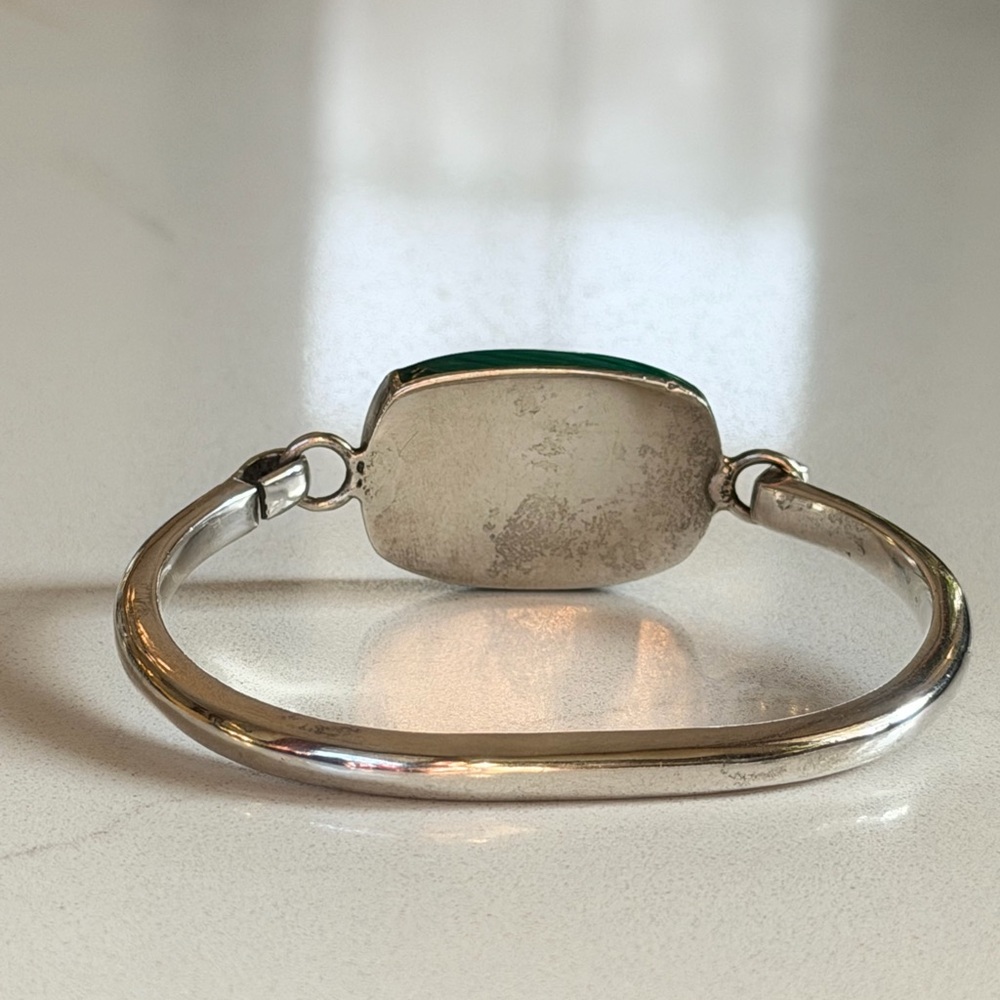 Vintage TAXCO 925 Sterling Silver Malachite Hinged Bangle Bracelet RARE Unique - Picture 6 of 8